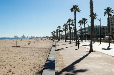 a beach with palm trees and people walking on it at ApartUP Patacona Terrace Duplex I in Valencia
