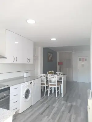 a white kitchen with a table and a washing machine at Plaza Sainetero in Valencia