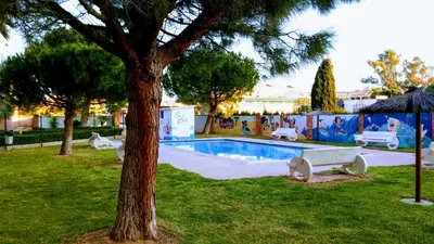 a swimming pool in a park with a tree at Apartamento Con Preciosas Vistas Al Mar,WIFI y piscina de temporada in Canet de Berenguer
