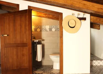 a bathroom with a toilet and a wooden door at Casa Los gorgos in Anna