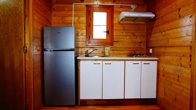 a kitchen with a refrigerator and a sink at Bungalows Park Albufera in El Saler