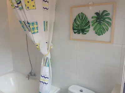 a bathroom with a toilet and a shower curtain at Valencian Dreams in Valencia