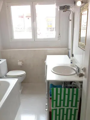 a bathroom with a sink and a toilet and two windows at Valencian Dreams in Valencia