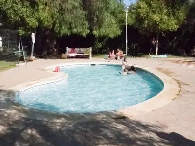 two people and a dog in a small swimming pool at Casa Esperanza in Alborache