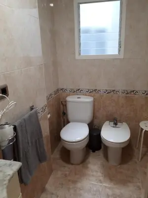 a bathroom with a toilet and a sink and a window at Casa Pueblo Alzira No Compartida in Alzira