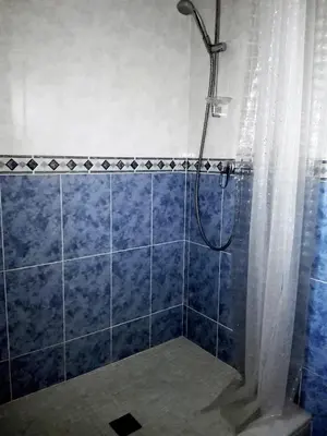 a bathroom with a shower with a blue tile at Apartamentos Concha del Mar in Sagunto