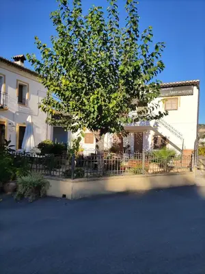 a tree in front of a building with a fence at La Rueda Apartamentos Rurales in Chulilla