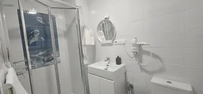 a white bathroom with a shower and a sink at A123 ViviendaTuristicaValencia Grandes Grupos in Valencia
