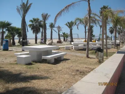 a row of picnic tables on the beach with palm trees at Burriana in Burriana