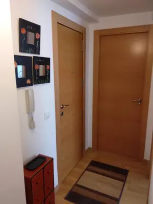 a hallway with a wooden door and a phone at Apartamento en la Ciudad de las Artes y las Ciencias in Valencia