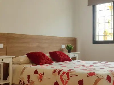 a bedroom with a bed with red pillows on it at Balcón de las Fuentes in Navarrés
