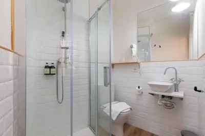 a bathroom with a shower and a toilet and a sink at Casa del Patriarca in Valencia