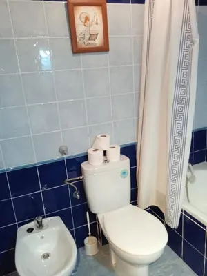a blue tiled bathroom with a toilet and a sink at Casa rural El Majuelo in Portera