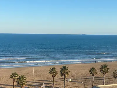 a beach with palm trees in front of the ocean at Avenida Mare Nostrum 7 Patacona Beach Breakfast items in the home in Valencia