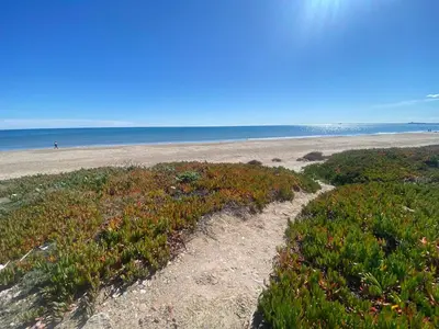a path on a beach with the ocean in the background at Avenida Mare Nostrum 7 Patacona Beach Breakfast items in the home in Valencia