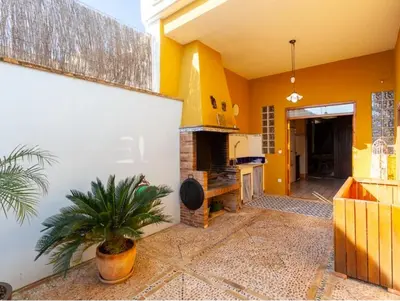 a kitchen with yellow walls and a potted plant at La Isla del Júcar in Barraca de Aguas Vivas
