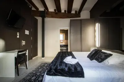 a bedroom with a bed and a desk and a television at Cosy Rooms Embajador in Valencia