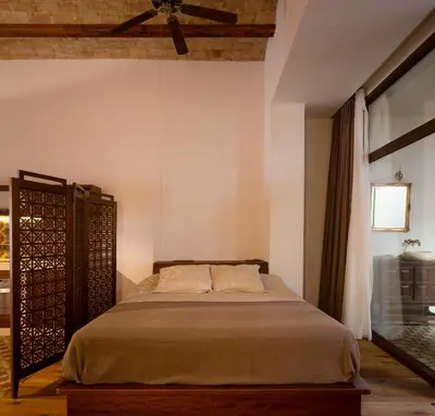 a bedroom with a bed and a ceiling fan at Natural loft in Valencia