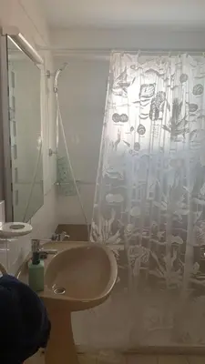 a bathroom with a sink and a shower curtain at EL RACO- C, 8-16 in Cullera