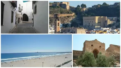 four different pictures of a city and a beach at playa y relax valencia in Puerto de Sagunto