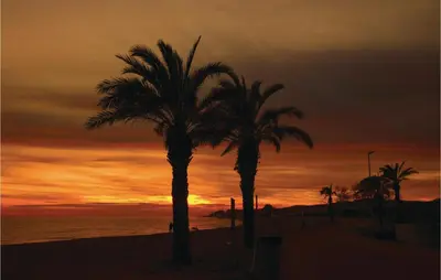two palm trees on the beach at sunset at Cozy Apartment In Moncófar With Wifi in Moncófar