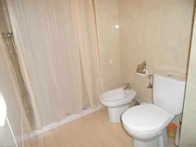 a white bathroom with a toilet and a shower at Apartamentos rurales Benafer in Benafer