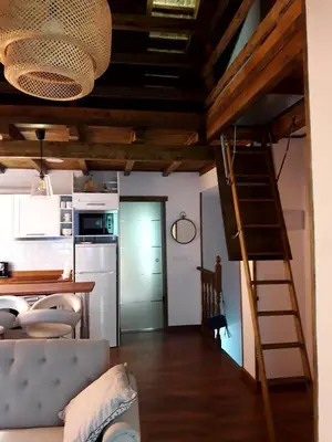 a kitchen and a living room with a ladder to a loft at Preciosa Casita Cerca Del Mar in Valencia