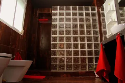 a bathroom with a glass block wall and a toilet at Penthouse in historic center in Valencia