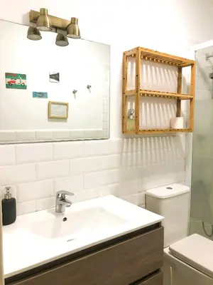a bathroom with a sink and a mirror and a toilet at Casa Maritim Cabanyal in Valencia