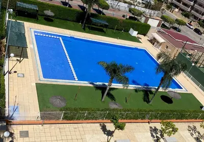 an overhead view of a swimming pool with palm trees at Apartamento Nuevo con Gran Terraza y Wifi en Canet in Canet de Berenguer