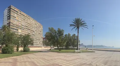 a large building with a palm tree and a park at Apartamento en la playa Arensol Cullera in Cullera