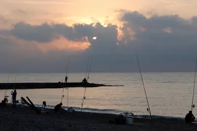 a group of people fishing on the beach at sunset at Camping y Bungalows Monmar in Moncófar