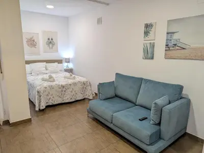 a living room with a couch and a bed at Estudios en la playa in Valencia