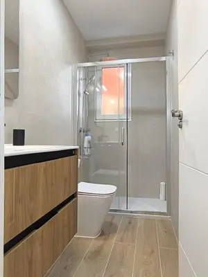 a bathroom with a toilet and a glass shower at Valencia Central Apartment two bedrooms for Rent from more than 10 days in Valencia