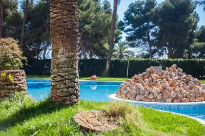 a palm tree next to a pool with a pile of logs at Apartamentos Florazar II Ajhory in Cullera