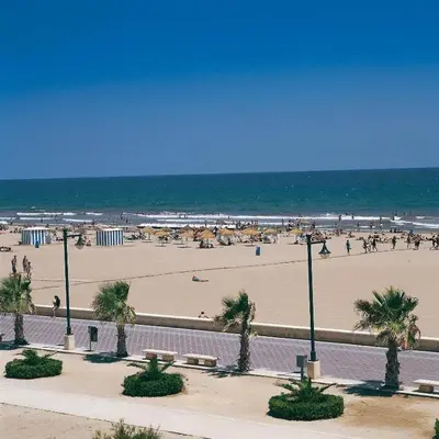 a beach with palm trees and people on the beach at Colón Market Downtown in Valencia