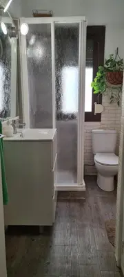 a bathroom with a shower and a toilet and a sink at Habitación San Cayetano in Valencia