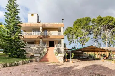 a large house with a staircase in front of it at Villa Entrenaranjos in Picassent