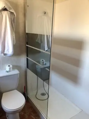 a bathroom with a toilet and a glass shower at Hotel Manises in Manises