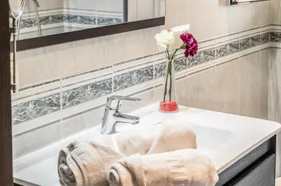 a bathroom sink with a vase of flowers on it at Casa los Buhos in Valencia