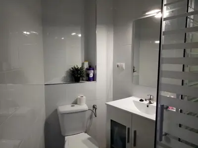 a white bathroom with a toilet and a sink at Sofia's Flat in Valencia