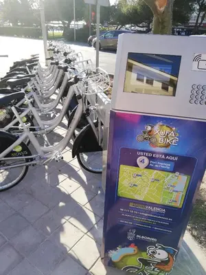 a row of bikes parked next to a parking meter at IDEALLY located on BEACH in Port Saplaya
