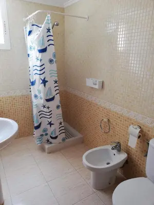 a bathroom with a shower curtain and a toilet at Parquemar VIII Solo Familias Serviplaya in Playa de Xeraco