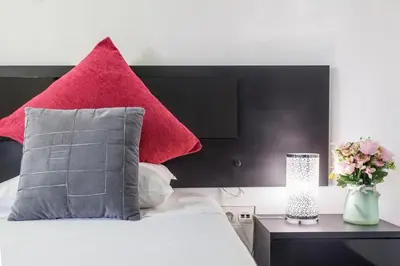 a bed with a red pillow and a vase with flowers at Catedral Reina Apartaments in Valencia