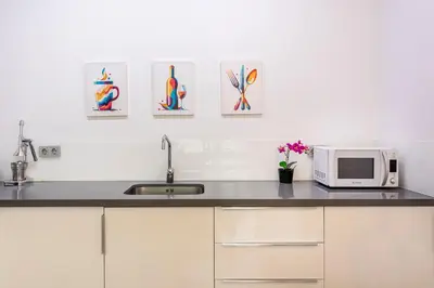 a kitchen with a sink and a microwave at G&V APARTMENTS CLOSE to CENTER in Valencia