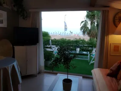 a living room with a television and a plant at Apartamento con terraza y vistas al mar in Burriana