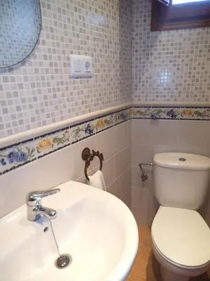 a bathroom with a white toilet and a sink at La Media Luna in Segorbe