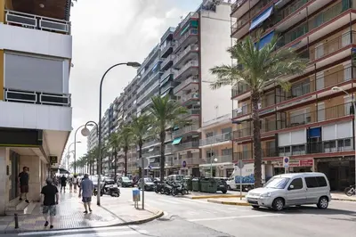 a city street with palm trees and a white car at ROS MARY, 7º-14 in Cullera