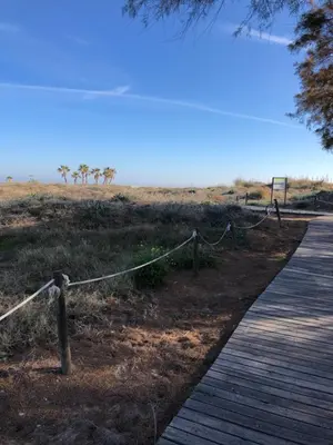 a wooden path with a wooden boardwalk and a fence at Urbanización Mar de Canet, 2 dormitorios con piscina comunitaria, garaje y wifi in Canet de Berenguer