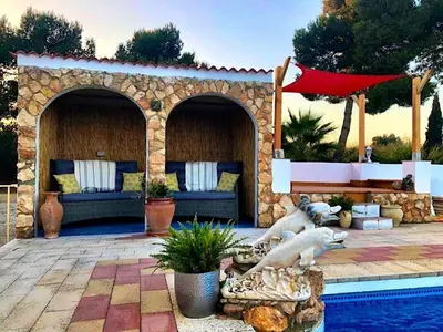 a patio with two dogs laying next to a pool at LEMON TREE VILLA in Monserrat